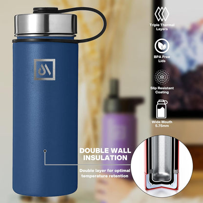 Meteor 650ml Insulated Water Bottle with Straw Lid, Coffee Lid & Flex Cap - Hot 24hrs & Cold 48hrs – Vacuum Stainless Steel Water Flask Thermos Mug - for Sports, Travel, Office, Kids