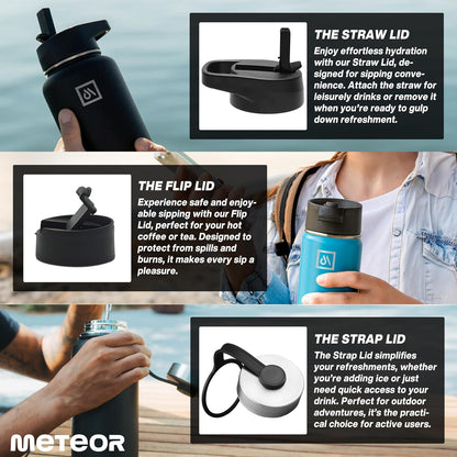 Meteor 650ml Insulated Water Bottle with Straw Lid, Coffee Lid & Flex Cap - Hot 24hrs & Cold 48hrs – Vacuum Stainless Steel Water Flask Thermos Mug - for Sports, Travel, Office, Kids