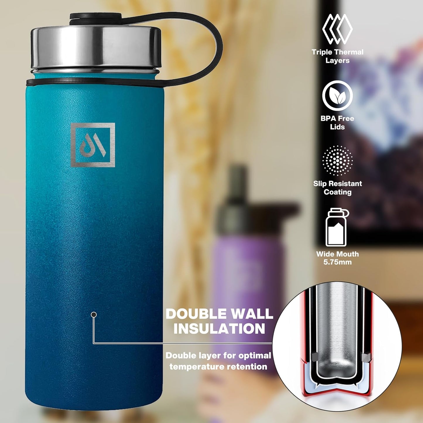 Meteor 650ml Insulated Water Bottle with Straw Lid, Coffee Lid & Flex Cap - Hot 24hrs & Cold 48hrs – Vacuum Stainless Steel Water Flask Thermos Mug - for Sports, Travel, Office, Kids