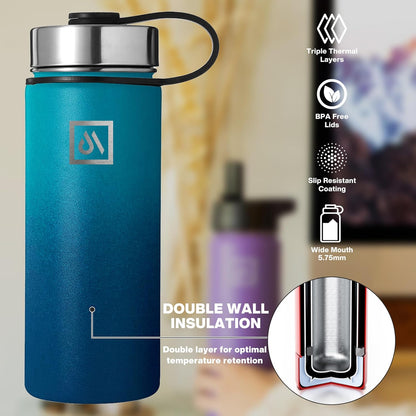 Meteor 650ml Insulated Water Bottle with Straw Lid, Coffee Lid & Flex Cap - Hot 24hrs & Cold 48hrs – Vacuum Stainless Steel Water Flask Thermos Mug - for Sports, Travel, Office, Kids