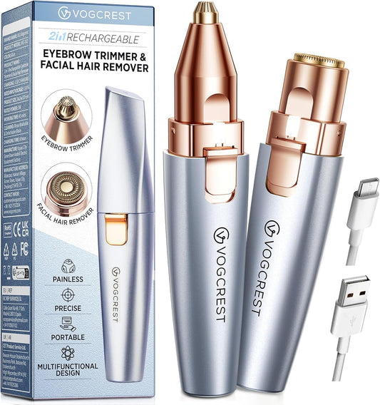 Rechargeable Eyebrow Trimmer & Facial Hair Remover for Women, 2 IN 1 Eyebrow Razor and Flawless Hair Remover, Eyebrow Lips Nose Body Facial Hair Removal for Women with Built-in LED Light (White)