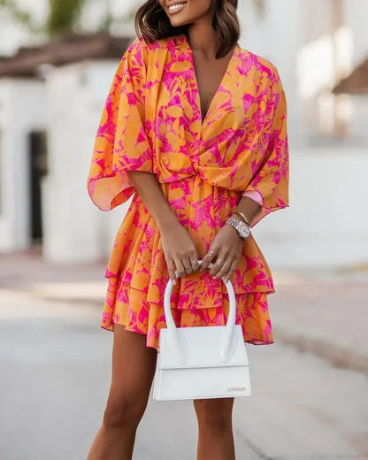 S-3XL European and American Women's  Autumn New Product Bat Sleeves Fashion Printed Dress