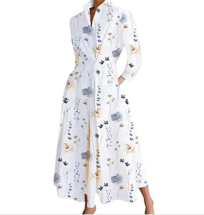 _ Autumn Dress Long Sleeve Dot Print Elegant Maxi Dresses for Women White Casual V Neck Shirt Party Long Dress Robe Femme