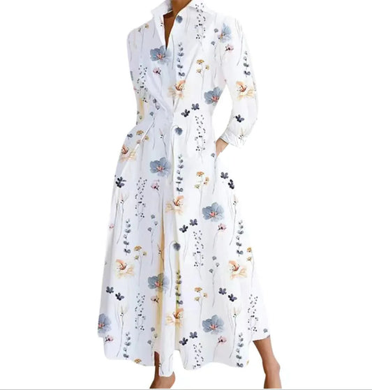 _ Autumn Dress Long Sleeve Dot Print Elegant Maxi Dresses for Women White Casual V Neck Shirt Party Long Dress Robe Femme
