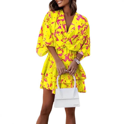 S-3XL European and American Women's  Autumn New Product Bat Sleeves Fashion Printed Dress