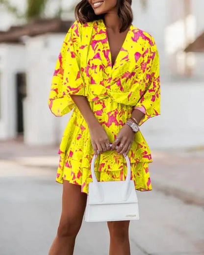 S-3XL European and American Women's  Autumn New Product Bat Sleeves Fashion Printed Dress