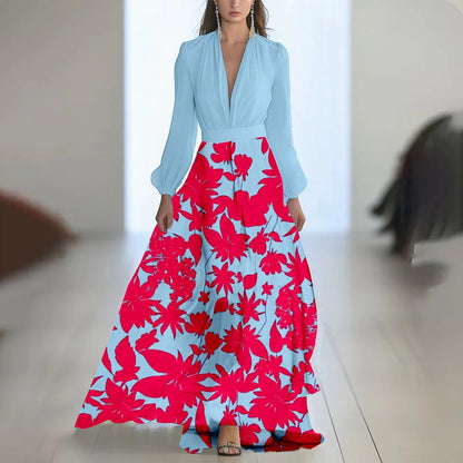 S-XXL Fashion Floral Print Patchwork Bohemian Dress Woman 2025 Sexy V Neck Hollow Long Dresses Long Sleeve Puff Loose Maxi Dress
