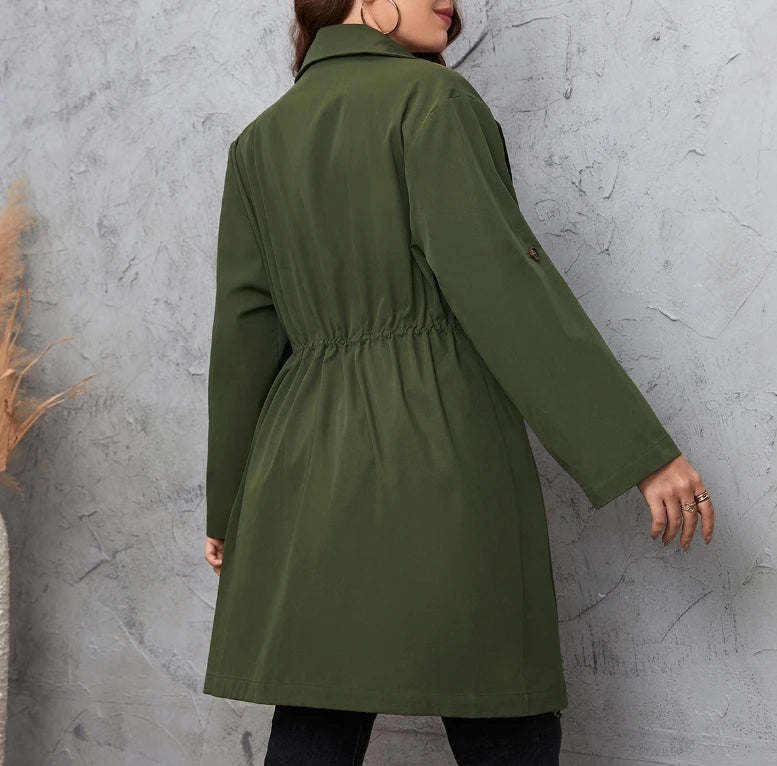 Spring New Women's Clothing Loose Mid Length Draped Style Trench Coat With a Slimming Drawstring Jacket