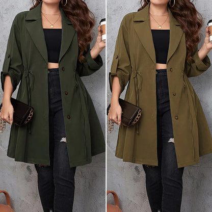 Spring New Women's Clothing Loose Mid Length Draped Style Trench Coat With a Slimming Drawstring Jacket