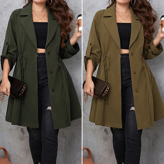 Spring New Women's Clothing Loose Mid Length Draped Style Trench Coat With a Slimming Drawstring Jacket