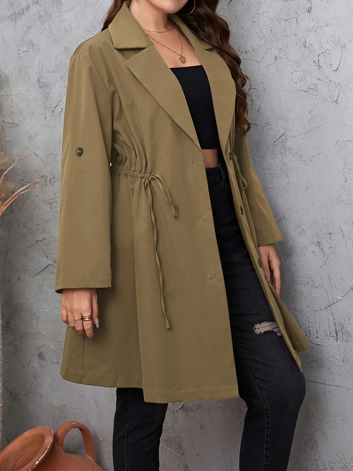 Spring New Women's Clothing Loose Mid Length Draped Style Trench Coat With a Slimming Drawstring Jacket