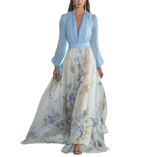 S-XXL Fashion Floral Print Patchwork Bohemian Dress Woman 2025 Sexy V Neck Hollow Long Dresses Long Sleeve Puff Loose Maxi Dress