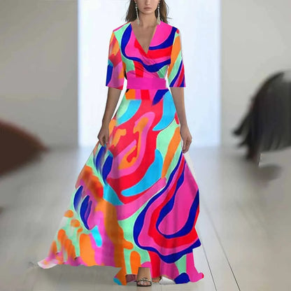 S-XXL Fashion Floral Print Patchwork Bohemian Dress Woman 2025 Sexy V Neck Hollow Long Dresses Long Sleeve Puff Loose Maxi Dress