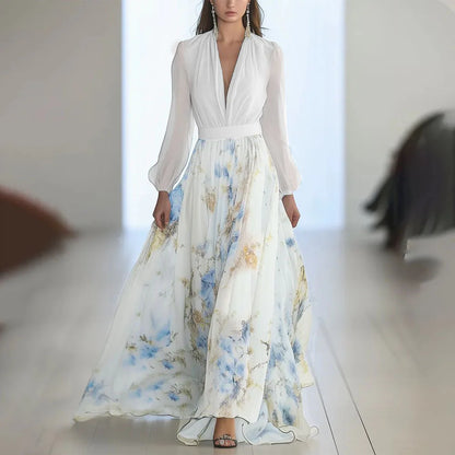 S-XXL Fashion Floral Print Patchwork Bohemian Dress Woman 2025 Sexy V Neck Hollow Long Dresses Long Sleeve Puff Loose Maxi Dress