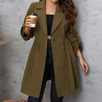 Spring New Women's Clothing Loose Mid Length Draped Style Trench Coat With a Slimming Drawstring Jacket