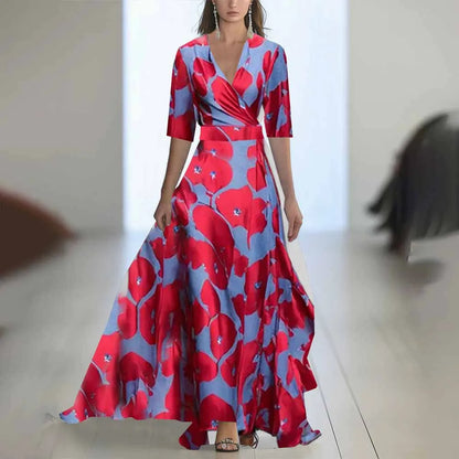 S-XXL Fashion Floral Print Patchwork Bohemian Dress Woman 2025 Sexy V Neck Hollow Long Dresses Long Sleeve Puff Loose Maxi Dress