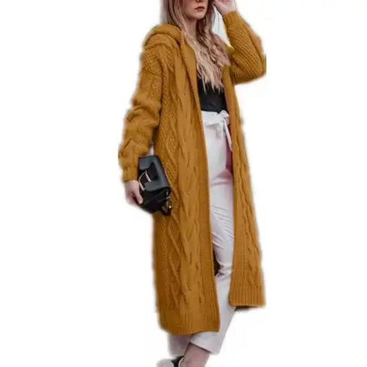 S-5XL Hot Selling Solid Color Hooded Long Cardigan Sweater in Autumn and Winter Fried Dough Knit Hoodie