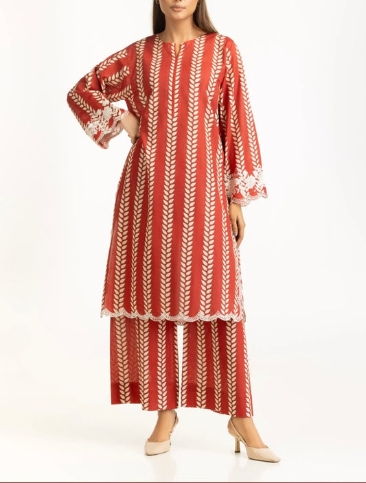 Gul Ahmed Original Pakistani Cambric Printed Co-Ord Set With Embroidered