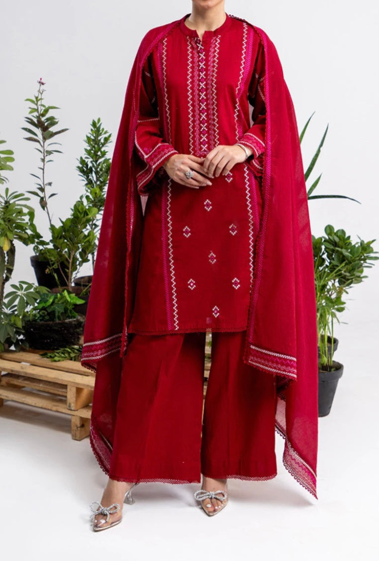 Gul Ahmed Original 3 PCS Embroidered Cross Slub Suit