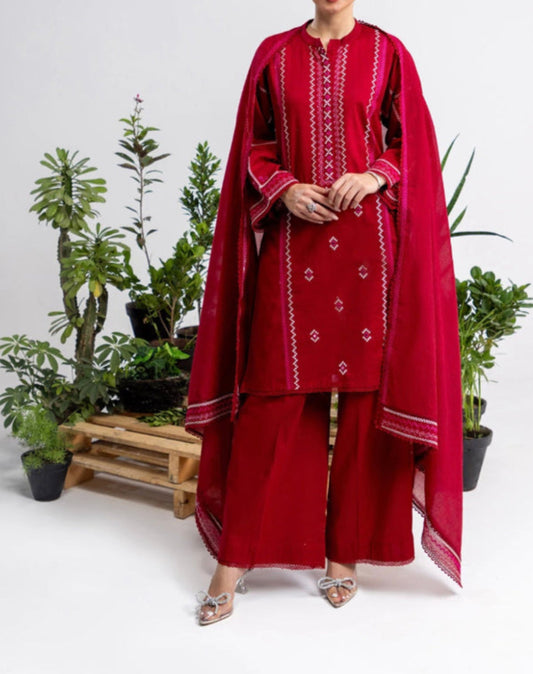 Gul Ahmed Original 3 PCS Embroidered Cross Slub Suit