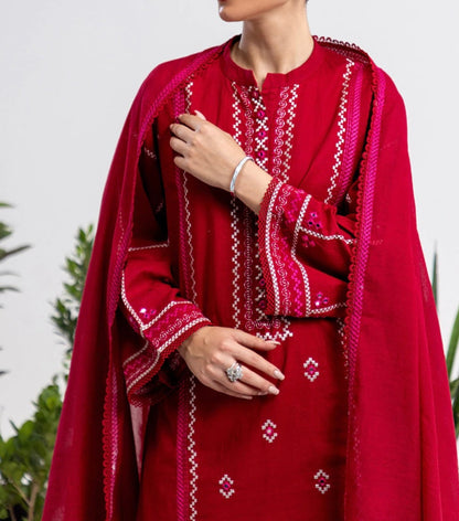 Gul Ahmed Original 3 PCS Embroidered Cross Slub Suit