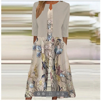 Ethnic Style Elegant Floral Print Vest Dress Cardigan Two-piece Set